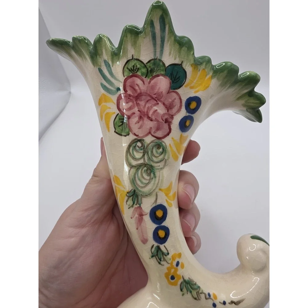 VTG PV Peasant Village Italy Horn Vase Floral Hand Painted Jagged Rim